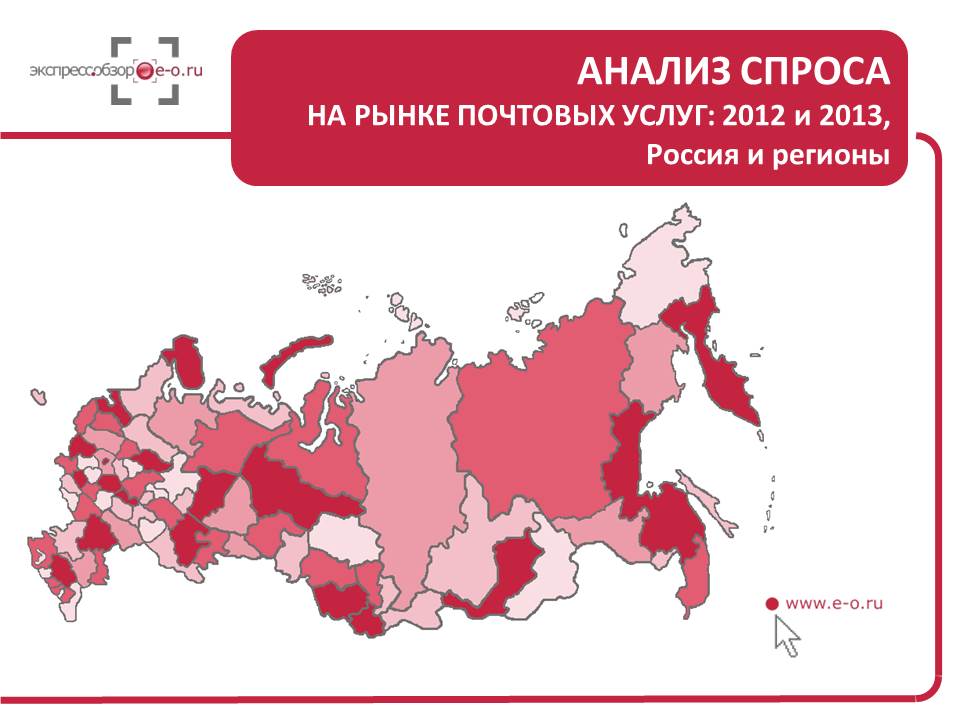 Анализ спроса (потребительские расходы, объем рынка) на почтовые услуги: 2012 и 2013, Россия и регионы 